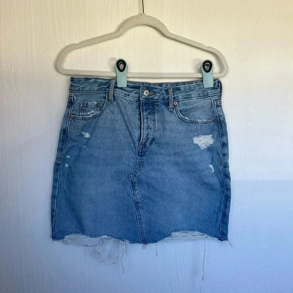 High rise distressed denim skirt